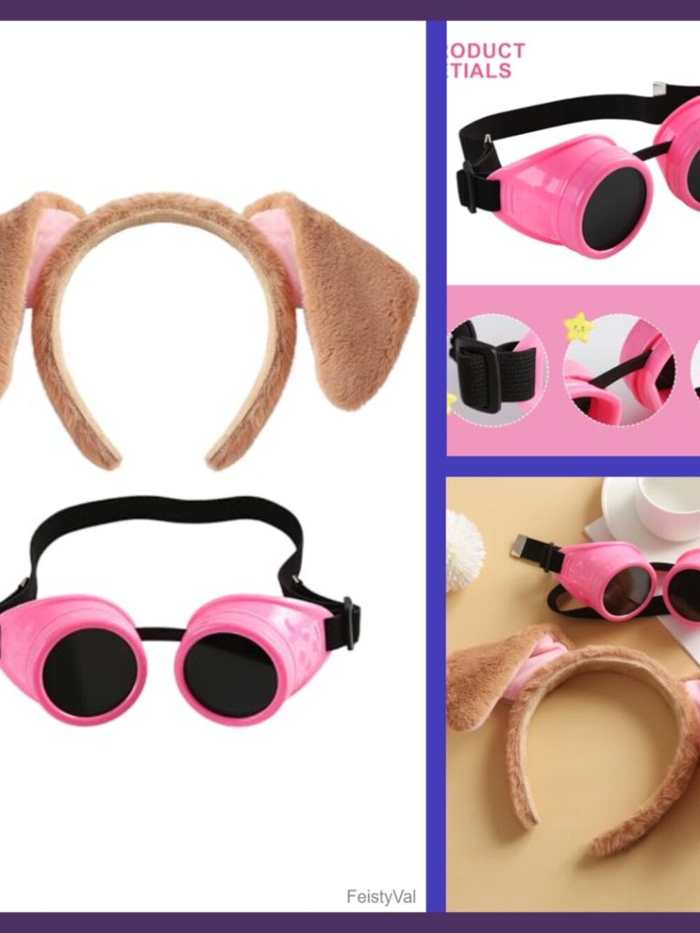 Dog Ear Headband & Pink Steampunk Goggles Set - 2 Pc Costume Accessory Kit